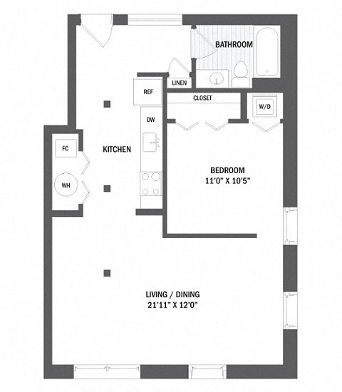 Floor plan for studio, 1 bath, 675 sqft